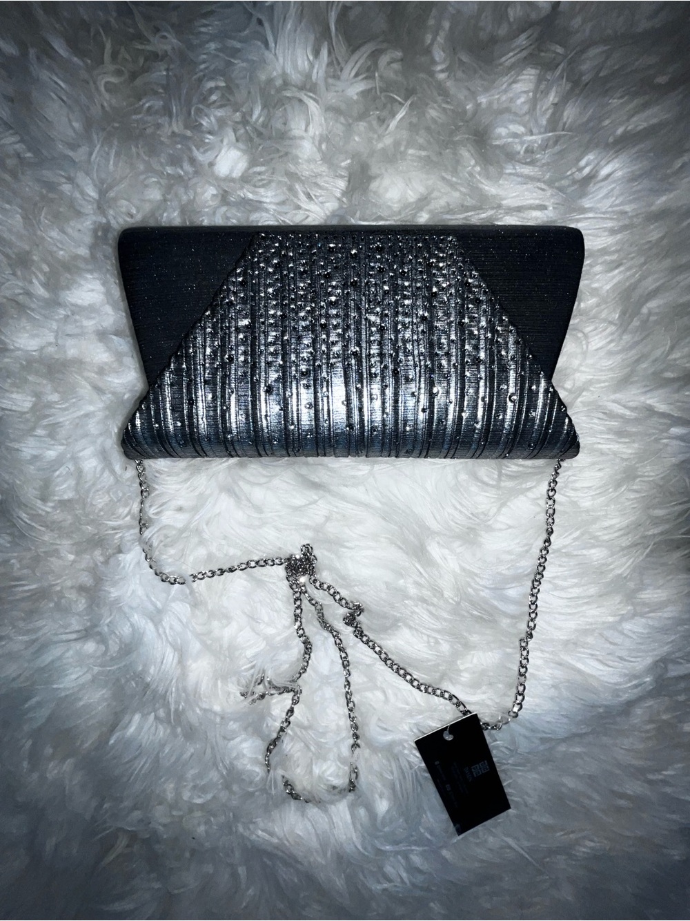 Silver Embellished Evening Clutch with Chain Strap